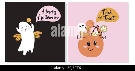 Due biglietti d'auguri di Halloween con un simpatico fantasma sorridente e un calderone felice con caramelle. Illustrazione Vettoriale