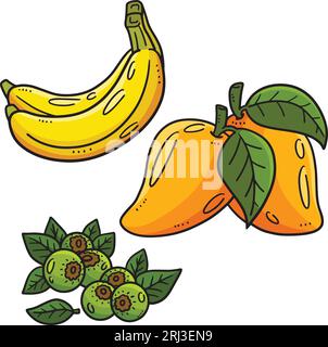 Banana, Mango Blueberry Cartoon colorato Clipart Illustrazione Vettoriale