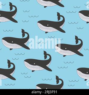 Modello di balene senza cuciture. Sfondo vettore marino. Illustrazione Vettoriale