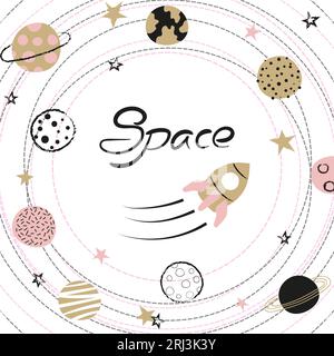 Illustrazione vettoriale spaziale con pianeti disegnati a mano e razzo per bambini. Illustrazione Vettoriale