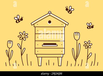 Disegno dei doodle di Beehive, casa delle api in legno con fiori. Carino cartoni animati, illustrazione di clip art vettoriale per apicoltura. Illustrazione Vettoriale