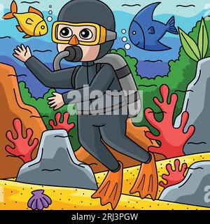 Boy Scuba Diving Summer Cartoon colorato Illustrazione Vettoriale