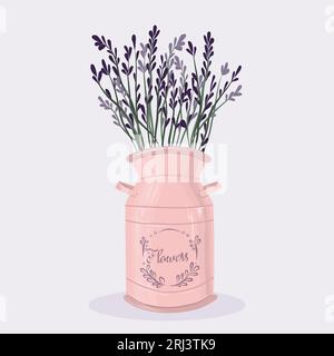 Bouquet di lavanda in cloche rosa metallizzato con scritte viola su uno sfondo delicato. Illustrazione con luci e ombre. Vettore. Illustrazione Vettoriale