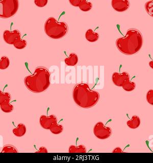 Fantasia di ciliegie succosa su sfondo rosa con bacche rosse di diverse dimensioni. Senza interruzioni. Estate. Vettore Illustrazione Vettoriale