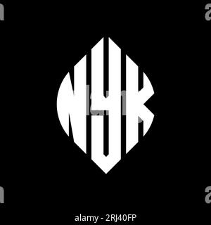 Logo NYK a forma di lettera circolare con forma circolare ed ellisse. Lettere ellittiche NYK con stile tipografico. Le tre iniziali formano un logo circolare. NYK ci Illustrazione Vettoriale