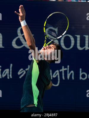 20 agosto 2023: Carlos Alcaraz (ESP) perde contro Novak Djokovic (SRB), 6-7 7-6 al Western & Southern Open, giocando al Lindner Family Tennis Center di Mason, Ohio, {USA} © Leslie Billman/Tennisclix/Cal Sport Media Foto Stock