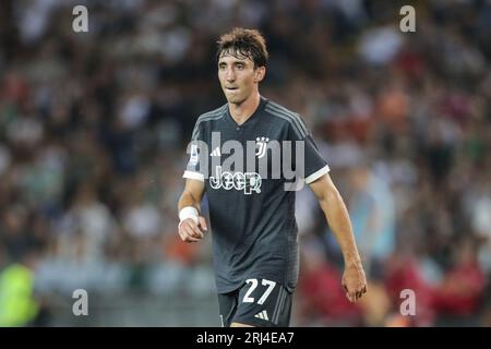 Udine, Italia. 20 agosto 2023. Andrea Cambiaso della Juventus ha visto durante la partita di SERIE A TIM 2023/24 tra Udinese e Juventus alla Dacia Arena. Punteggio finale; Udinese 0:3 Juventus Credit: SOPA Images Limited/Alamy Live News Foto Stock