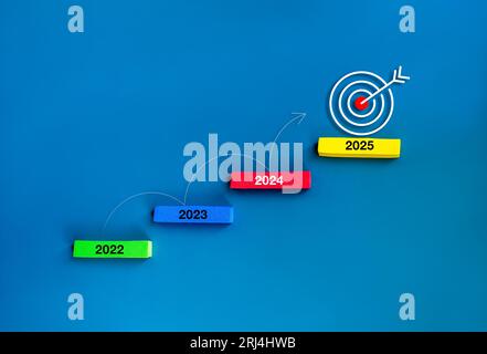 La freccia curva che sale salta i blocchi della scala multicolore da 2022 a 2025 con l'icona del bersaglio sul blocco superiore su sfondo blu. Gli affari vanno Foto Stock