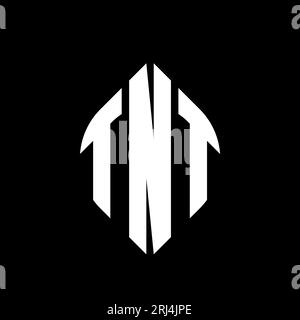 Logo TNT a forma di lettera circolare con forma circolare ed ellisse. Lettere ellittiche TNT con stile tipografico. Le tre iniziali formano un logo circolare. TNT ci Illustrazione Vettoriale