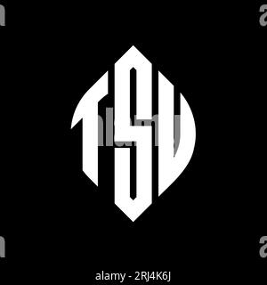 Logo con lettera circolare TSU con forma circolare ed ellisse. Lettere ellittiche TSU con stile tipografico. Le tre iniziali formano un logo circolare. TSU ci Illustrazione Vettoriale