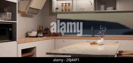 Una lussuosa cucina in marmo bianco isola o piano in una cucina moderna e minimalista con moderni elettrodomestici da cucina. rendering 3d, illustrazione 3d. Foto Stock