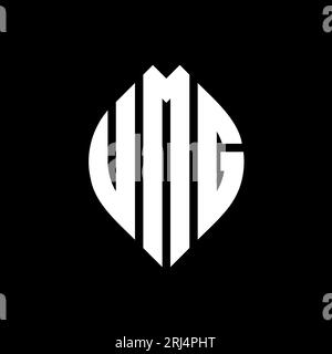 Logo UMG a forma di lettera circolare con forma circolare ed ellisse. Lettere di ellisse UMG con stile tipografico. Le tre iniziali formano un logo circolare. UMG ci Illustrazione Vettoriale