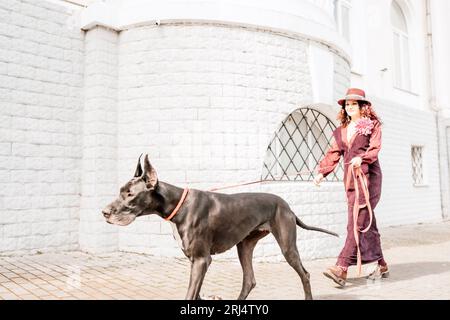 Una foto di una donna e della sua Grande Dane che cammina per una città, ammirando le immagini e i suoni dell'ambiente urbano. Foto Stock