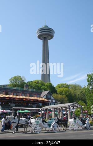 CASCATE DEL NIAGARA, ONTARIO, CANADA-21 MAGGIO: Carrozze trainate da cavalli che aspettano i turisti di fronte alla Skylon Tower. Maggio 21,2007 alle Cascate del Niagara, ONTARIO, Canada Foto Stock
