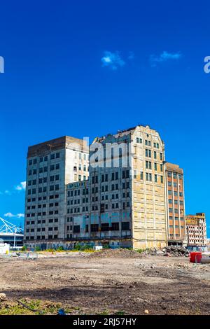 Mulino di farina del XX secolo abbandonato Millennium Mills a Silvertown, Londra, Inghilterra Foto Stock