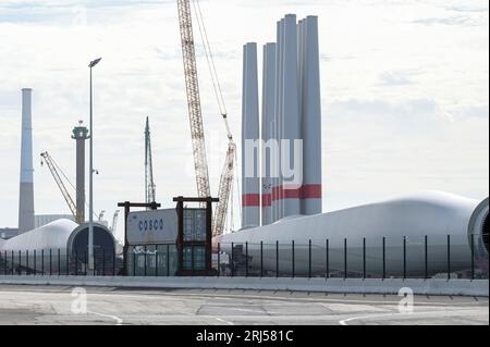 FRANCIA, porto di le Havre, Siemens Gamesa Renewable Energy SGRE sito di produzione di turbine eoliche, torri e pale rotanti per la costruzione di un parco eolico offshore da 500 MW Fecamp sulla costa della Normandia / FRANKREICH, le Havre Hafen, Siemens Gamesa Erneuerbare energie SGRE Produktionsstandort für Windkraftanlagen, Windkraftanlagen für den 500 MW Offshore Windpark Fecamp von Électricité de France SA EDF Renewables, Enbridge Inc. und wpd Foto Stock