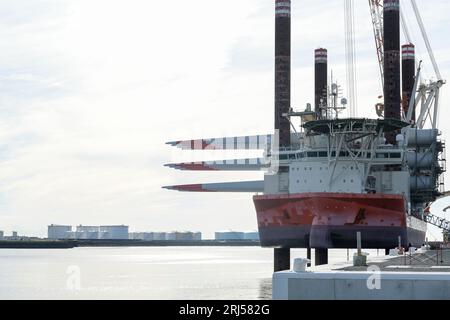 FRANCIA, porto di le Havre, vettore eolico Fred Olsen Brave Tern, un'imbarcazione speciale trasporta turbine eoliche Siemens Gamesa, torre e lama rotante per la costruzione di un parco eolico offshore da 500 MW Fecamp sulla costa della Normandia / FRANKREICH, le Havre Hafen, Spezialschiff Brave Tern mit Siemens Gamesa Windkraftanlagen für den 500 MW Offshore Windpark Fecamp von Électricité de France SA EDF Renewables, Enbridge Inc. und wpd Foto Stock