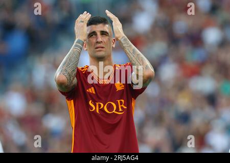 Roma, Italie. 20 agosto 2023. Gianluca Mancini di Roma reagisce durante il campionato italiano di serie A partita di calcio tra AS Roma e US Salernitana 1919 il 20 agosto 2023 allo Stadio Olimpico di Roma, Italia - foto Federico Proietti/DPPI Credit: DPPI Media/Alamy Live News Foto Stock