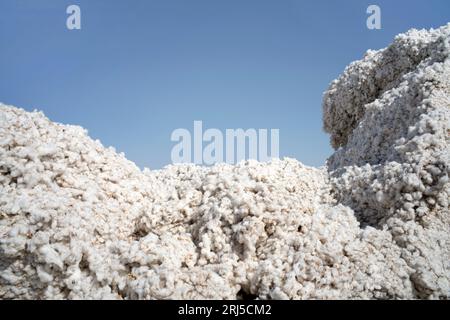 Dettagli di pile di cotone contro nuvole blu Foto Stock