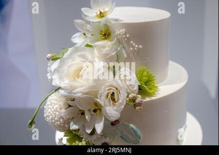 Una torta nuziale bianca a tre piani decorata con fiori bianchi Foto Stock