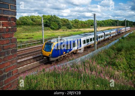 Treno per pendolari diesel della Northern Rail Class 195 DMU a Winwick sulla West Coast Main Line. Foto Stock