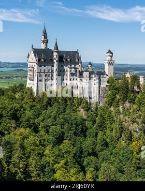 Una vista aerea dello storico Castello di Neuschwanstein circondato da una vegetazione lussureggiante Foto Stock