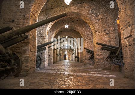 La Cittadella di Gjirokaster o corridoio del castello con vecchi canoni. Attrazione turistica in Albania Foto Stock