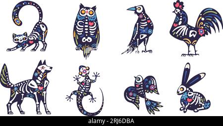 Animali morti messicani. Decorazione di animali scheletrici per i muertos di giorno latino o per festeggiare halloween, teschio artistico messicano di lucertola di gatto corvo gufo animale domestico spaventoso, illustrazione vettoriale di classe Illustrazione Vettoriale