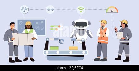 Settore dell'ingegneria DELL'INTELLIGENZA ARTIFICIALE. Un semplice team di ingegneri utilizza l'intelligenza artificiale nell'automazione della produzione dei prodotti. Processo con tecnologia robotica ai. Tecnologia futuristica in una fabbrica intelligente. Illustrazione Vettoriale