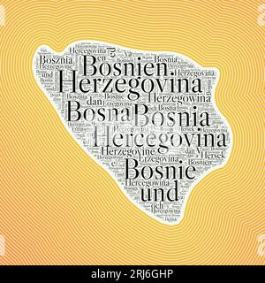 Forma della Bosnia formata dal nome del paese in più lingue. Confine con la Bosnia su elegante sfondo sfumato a righe. Poster vivace. Illu vettoriale autentico Illustrazione Vettoriale