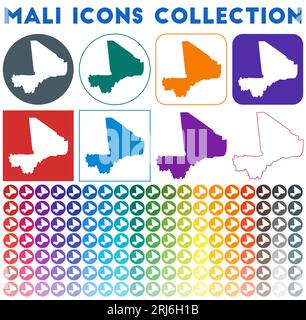Collezione di icone Mali. Icone della mappa colorate e alla moda. Distintivo moderno del Mali con mappa del paese. Illustrazione vettoriale. Illustrazione Vettoriale
