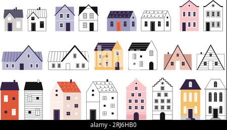 Case piatte a doodle, piccoli edifici in stile piatto e lineare. Architettura decorativa elementi urbani, piccole città o case vettoriali di villaggi Illustrazione Vettoriale