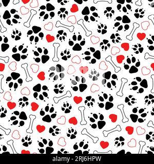 Impronte di cane motivo senza cuciture. Stampe di animali domestici, sfondo di cani o gattini. Cuccioli, cuori e tessuto osseo stampati con un modello vettoriale decente Illustrazione Vettoriale