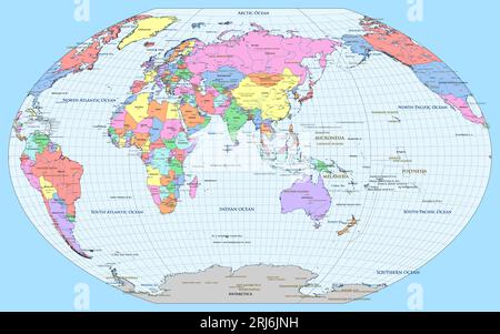 Mappa politica mondiale Asia centrato proiezione Winkel-Tripel Illustrazione Vettoriale