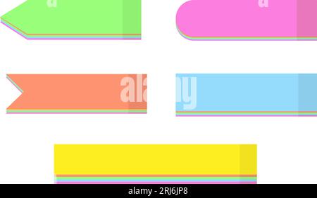 Set di 5 adesivi colorati di carta di diverse forme in colori vivaci e alla moda su una bacdrop trasparente. Modelli di montanti colorati in giallo, rosa, blu, verde e arancione. Puntatore. Isolare. Vettore. EPS Illustrazione Vettoriale