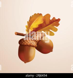 ghianda 3d Realistico noce di quercia con foglie, ghiande isolate e foglie autunnali per la decorazione dello sfondo della natura autunnale, esatta illustrazione vettoriale di quercia di ghianda, foglie di alberi naturali Illustrazione Vettoriale