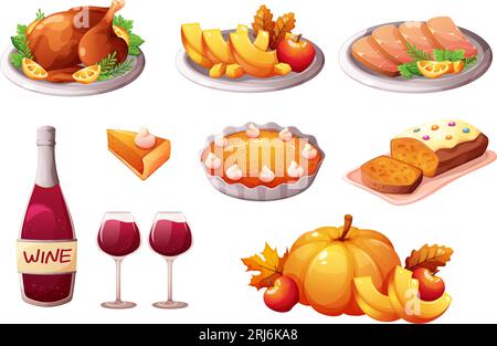 Piatti del giorno del Ringraziamento. Cena di tacchino festosa, buffet di pasti autunnali con torta di zucca, vino, piatto di verdure cotte in autunno, illustrazione vettoriale del tacchino del ringraziamento Illustrazione Vettoriale