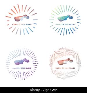 Isola madre de Dios con scoppio solare a bassa polietilene. Logo dell'isola in stile poligonale geometrico. Illustrazione vettoriale. Illustrazione Vettoriale