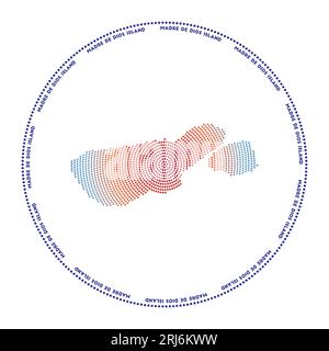 Logo rotondo dell'isola madre de Dios. Forma in stile digitale dell'isola madre de Dios in un cerchio punteggiato con il nome. Icona tecnica con punti sfumati. Illustrazione Vettoriale