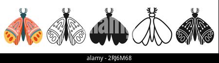 Set retrò esotico e stilizzato Moth. Mistico simbolo bohémien farfalla con ali di insetti e ornamenti. Colorato, sagoma o simbolo, linea di tatuaggio a doodle ornata falena celeste. Decorazioni d'epoca vettoriali Illustrazione Vettoriale