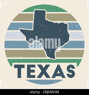 Logo Texas. Firma con la mappa dello stato degli Stati Uniti e le strisce colorate, illustrazione vettoriale. Illustrazione Vettoriale