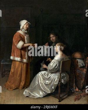 Interni con due giovani donne in conversazione e un uomo che mostra una moneta 1664 di Caspar Netscher Foto Stock