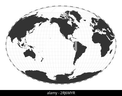 Mappa vettoriale del mondo. Proiezione pseudocilindrica Fahey. Mappa geografica del mondo pianeggiante con linee di latitudine e longitudine. Centrato a 120 gradi di longitudine E. Illustrazione Vettoriale