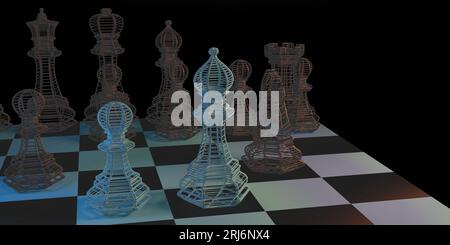 Un rendering 3d di una scacchiera con pezzi Foto Stock
