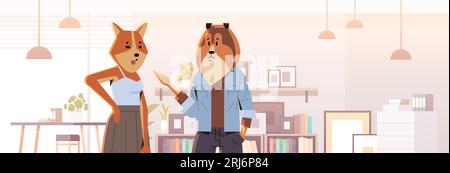 donne d'affari con teste di cane che lavorano in animali da ufficio in abiti formali discutendo durante la riunione Illustrazione Vettoriale