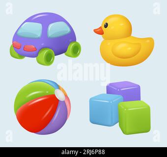 Giocattoli per bambini. Oggetti realistici per attrazioni per bambini e giocattoli in plastica vettoriale per il tempo libero Illustrazione Vettoriale