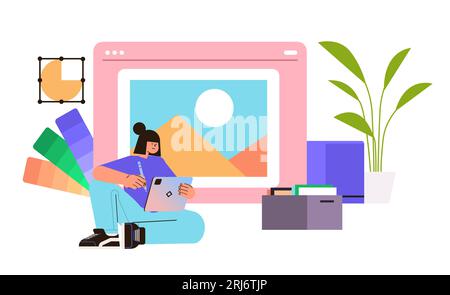 graphic design artist che lavora su una designer di laptop che crea logo digital art creation concept Illustrazione Vettoriale