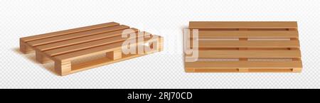 pallet in legno 3d per vettoriale isolato per imballaggi in casse. Piattaforma per vassoio di carico in legno per magazzino o set di risorse di stoccaggio. Scheda di consegna con rendering realistico della trama del materiale in legno e vista diversa Illustrazione Vettoriale