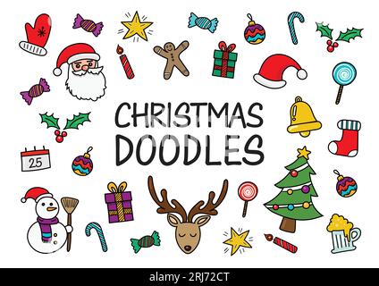 Natale doodles icone disegnate a mano. Illustrazione vettoriale Illustrazione Vettoriale