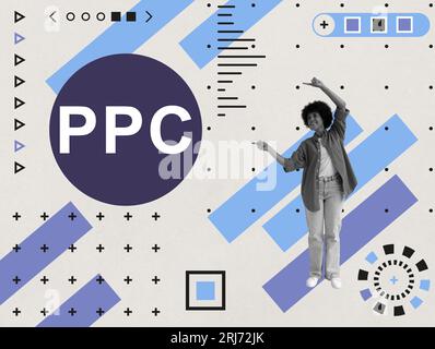 Collage con donna che indica l'abbreviazione PPC Pay per Click. Foto Stock